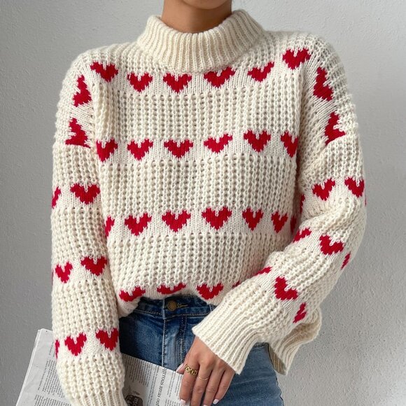 White Beige Casual Womens Heart Pattern Drop Shoulder Sweater - Picture 7 of 8